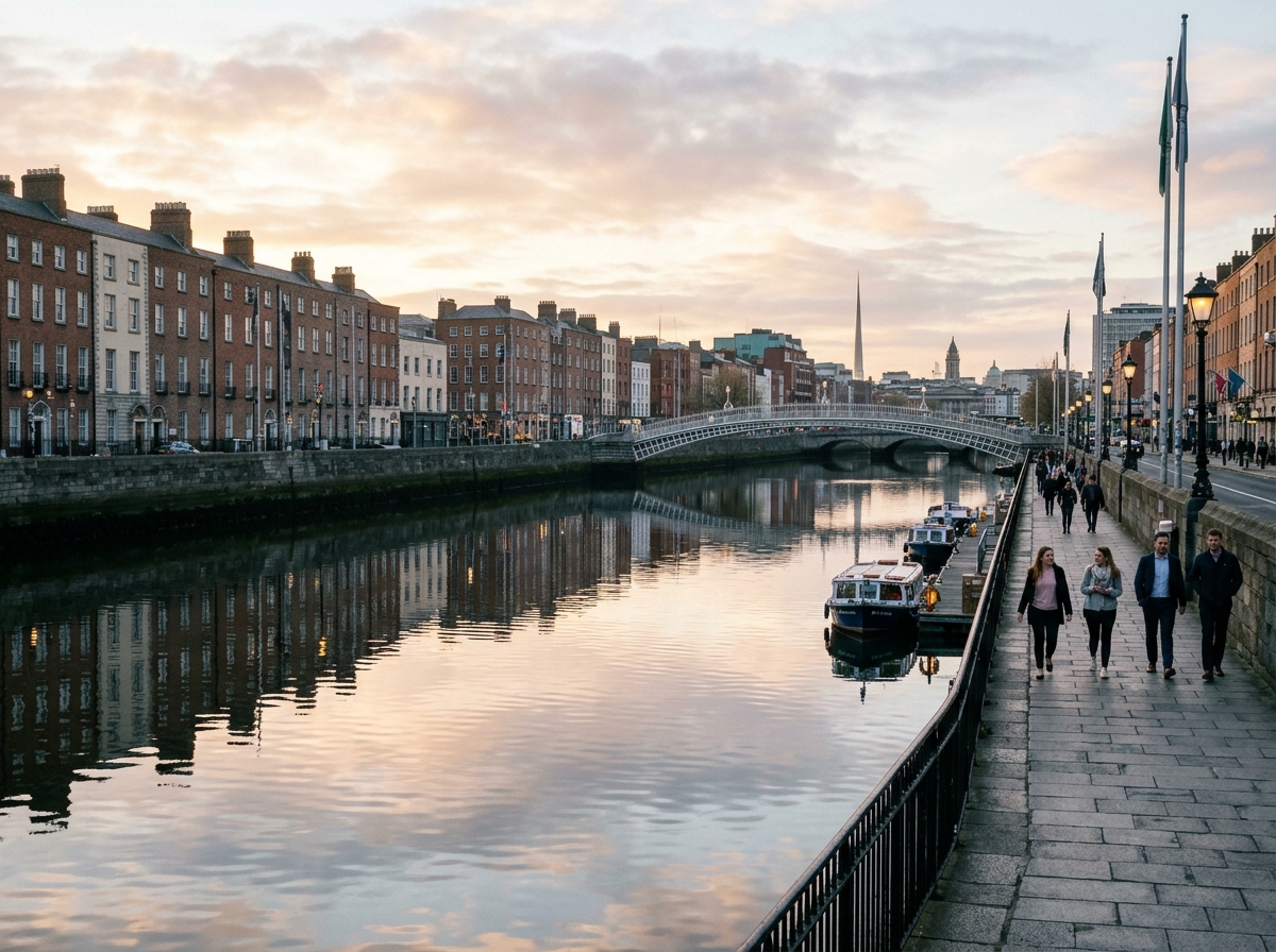 Dublin quays in soft morning light with pedestrians walking along the river