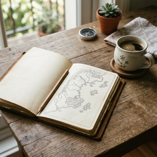 Open travel notebook with blank map and pencil beside a coffee cup
