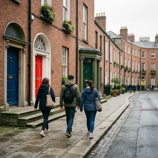 Small group walking through a Dublin street, candid travel photography
