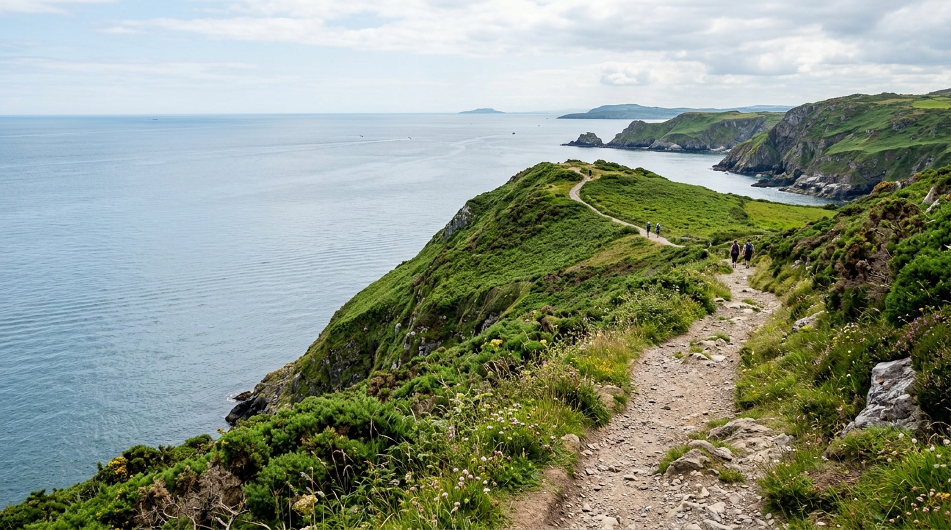 Coastal path near Dublin with calm sea and walking figures in the distance