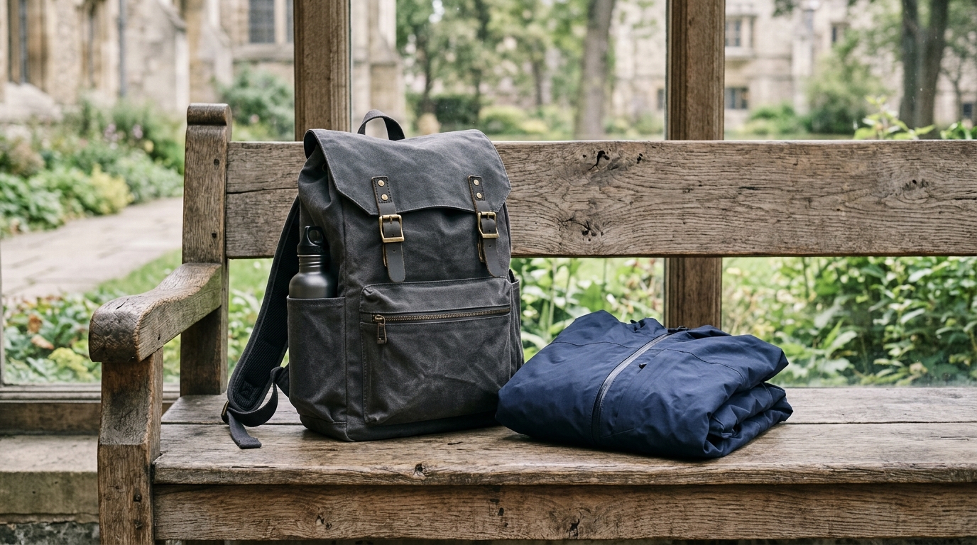 Travel daypack and folded jacket on a bench, editorial still life